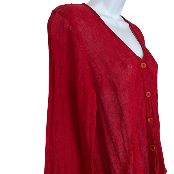 Flax Button Front Tunic Swing Top Red Linen Long Sleeve Lagenlook Womens Small - Picture 4 of 14